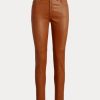 Pantaloni skinny cu talie înaltă din piele Ralph Lauren maro pentru femei Pantaloni skinny cu talie înaltă din piele Ralph Lauren maro pentru femei