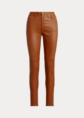 Pantaloni skinny cu talie înaltă din piele Ralph Lauren maro pentru femei