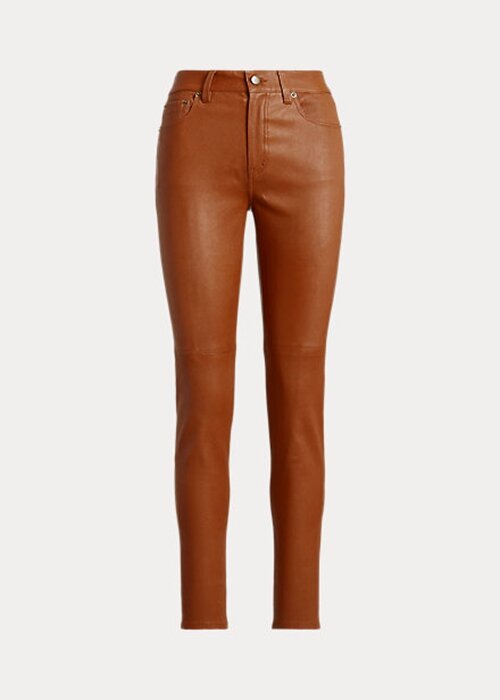 Pantaloni skinny cu talie înaltă din piele Ralph Lauren maro pentru femei Pantaloni skinny cu talie înaltă din piele Ralph Lauren maro pentru femei