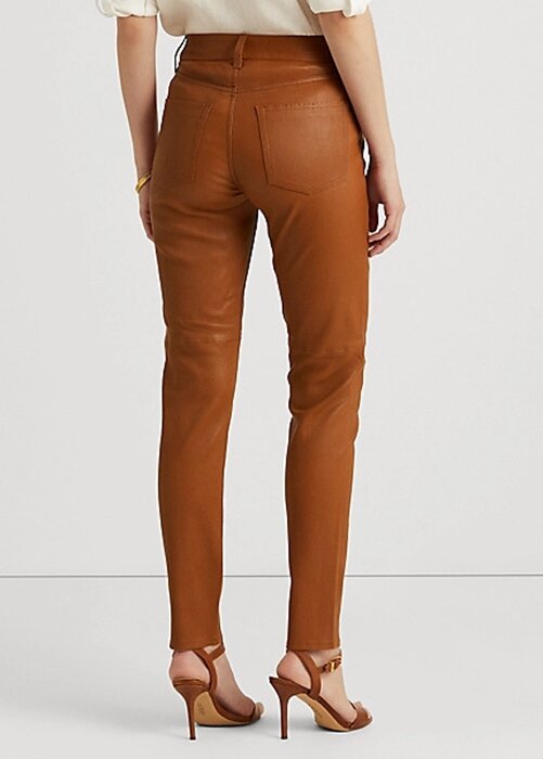 Pantaloni skinny cu talie înaltă din piele Ralph Lauren maro pentru femei Pantaloni skinny cu talie înaltă din piele Ralph Lauren maro pentru femei