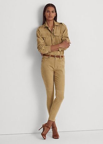 Pantaloni skinny cu talie înaltă, Ralph Lauren, din piele de căprioară, kaki