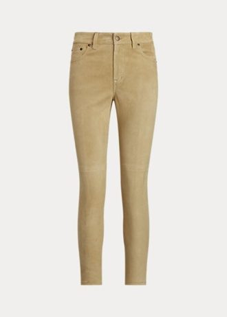 Pantaloni skinny cu talie înaltă, Ralph Lauren, din piele de căprioară, kaki