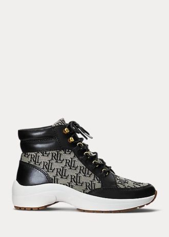 Pantofi de damă, negri/gri, Ralph Lauren Rylee, cu monogram, jacquard