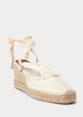 Pantofi plat cu pană de pânză Ralph Lauren, crem, cu franjuri Pantofi plat cu pană de pânză Ralph Lauren, crem, cu franjuri