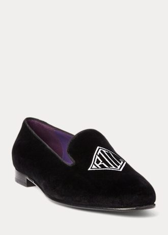 Pantofi plati din catifea brodate Ralph Lauren Alonzo de damă negri Pantofi plati din catifea brodate Ralph Lauren Alonzo de damă negri