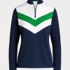 Pulover cu fermoar sfert pentru femei Ralph Lauren, cu dungi chevron, albastre