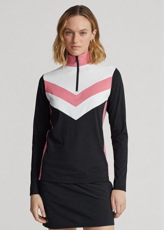 Pulover cu fermoar sfert pentru femei Ralph Lauren, cu dungi chevron, negre
