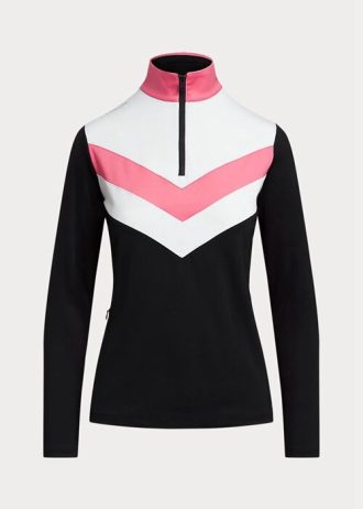 Pulover cu fermoar sfert pentru femei Ralph Lauren, cu dungi chevron, negre