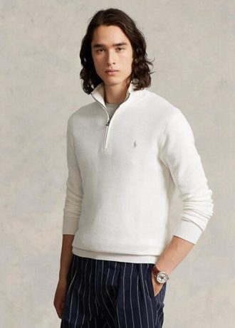 Pulovere alb pentru bărbați, din bumbac, din tricot plasă, cu fermoar sfert, Ralph Lauren