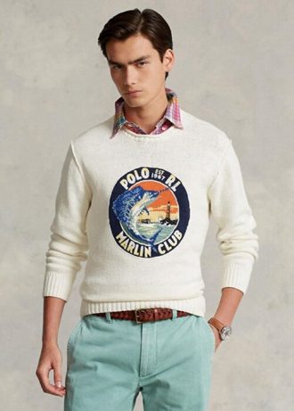 Pulovere alb pentru bărbați, din bumbac și in, cu pulover grafic Ralph Lauren