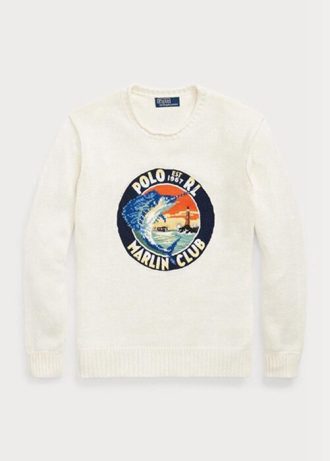 Pulovere alb pentru bărbați, din bumbac și in, cu pulover grafic Ralph Lauren