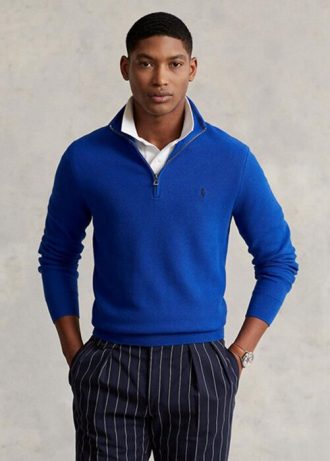 Pulovere albastre pentru bărbați, din bumbac, din tricot plasă, cu fermoar sfert, Ralph Lauren