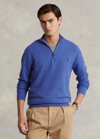 Pulovere albastre pentru bărbați, din bumbac, din tricot plasă, cu fermoar sfert, Ralph Lauren