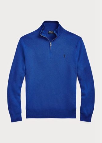Pulovere albastre pentru bărbați, din bumbac, din tricot plasă, cu fermoar sfert, Ralph Lauren