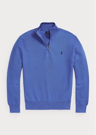 Pulovere albastre pentru bărbați, din bumbac, din tricot plasă, cu fermoar sfert, Ralph Lauren