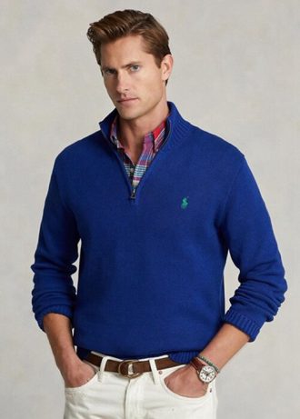 Pulovere albastre pentru bărbați Ralph Lauren, din bumbac, cu fermoar sfert