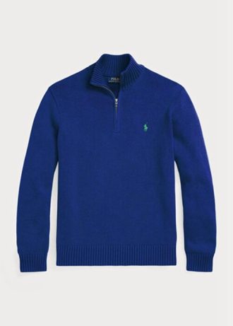Pulovere albastre pentru bărbați Ralph Lauren, din bumbac, cu fermoar sfert