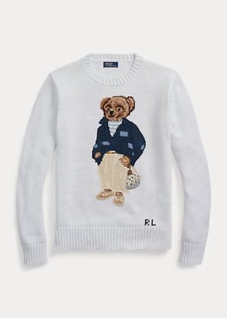 Pulovere albe de damă Ralph Lauren Polo Bear din amestec de bumbac