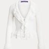 Pulovere albe Ralph Lauren cardigan cu volane pentru femei Pulovere albe Ralph Lauren cardigan cu volane pentru femei
