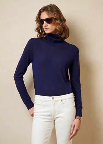 Pulovere cu guler roșu din cașmir Ralph Lauren pentru femei bleumarin Pulovere cu guler roșu din cașmir Ralph Lauren pentru femei bleumarin