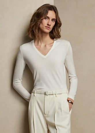 Pulovere cu mânecă lungă și decolteu în V din lână Ralph Lauren pentru femei crem Pulovere cu mânecă lungă și decolteu în V din lână Ralph Lauren pentru femei crem