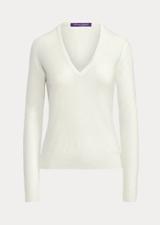 Pulovere cu mânecă lungă și decolteu în V din lână Ralph Lauren pentru femei crem Pulovere cu mânecă lungă și decolteu în V din lână Ralph Lauren pentru femei crem
