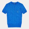 Pulovere cu mânecă scurtă din bumbac, tricot cablu, Ralph Lauren, albastre