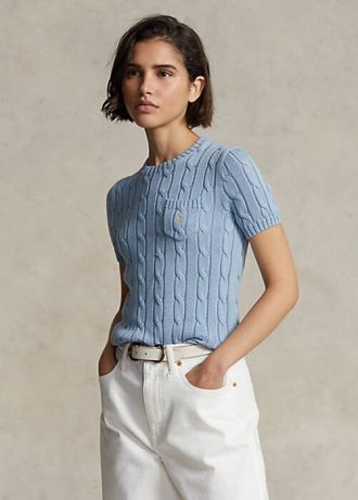 Pulovere cu mânecă scurtă din bumbac, tricot cablu, Ralph Lauren, AZURE Pulovere cu mânecă scurtă din bumbac, tricot cablu, Ralph Lauren, AZURE