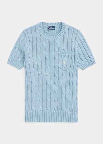 Pulovere cu mânecă scurtă din bumbac, tricot cablu, Ralph Lauren, AZURE Pulovere cu mânecă scurtă din bumbac, tricot cablu, Ralph Lauren, AZURE