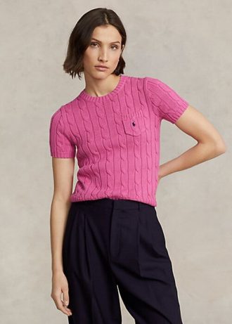 Pulovere cu mânecă scurtă din bumbac, tricot cablu, Ralph Lauren, fucsia Pulovere cu mânecă scurtă din bumbac, tricot cablu, Ralph Lauren, fucsia