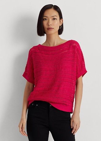 Pulovere cu mânecă scurtă din plasă de bumbac Ralph Lauren fuchsia pentru femei Pulovere cu mânecă scurtă din plasă de bumbac Ralph Lauren fuchsia pentru femei