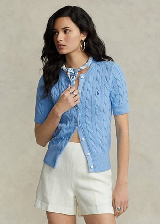 Pulovere cu mânecă scurtă din tricot cablu Ralph Lauren de damă albastru Pulovere cu mânecă scurtă din tricot cablu Ralph Lauren de damă albastru