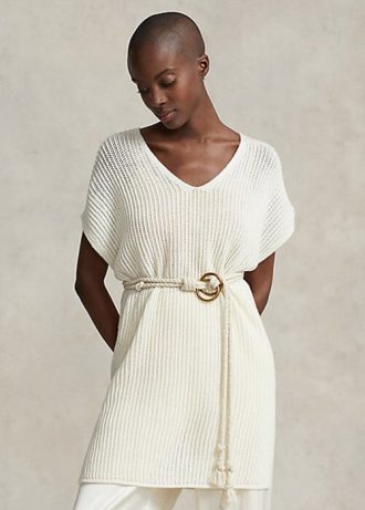 Pulovere cu tunică din lână merinos cu cusături deschise Ralph Lauren pentru femei crem Pulovere cu tunică din lână merinos cu cusături deschise Ralph Lauren pentru femei crem