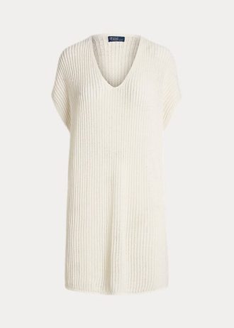 Pulovere cu tunică din lână merinos cu cusături deschise Ralph Lauren pentru femei crem Pulovere cu tunică din lână merinos cu cusături deschise Ralph Lauren pentru femei crem