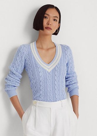 Pulovere de cricket din tricot cu cablu Ralph Lauren de damă albastră Pulovere de cricket din tricot cu cablu Ralph Lauren de damă albastră