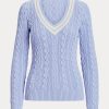 Pulovere de cricket din tricot cu cablu Ralph Lauren de damă albastră
