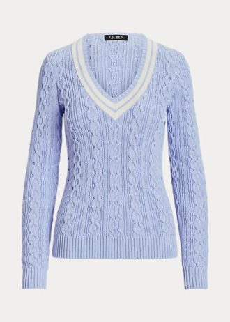 Pulovere de cricket din tricot cu cablu Ralph Lauren de damă albastră Pulovere de cricket din tricot cu cablu Ralph Lauren de damă albastră