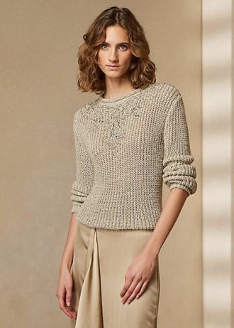 Pulovere de damă bej Ralph Lauren din mătase împodobită cu guler rulat Pulovere de damă bej Ralph Lauren din mătase împodobită cu guler rulat