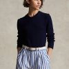 Pulovere de damă din bumbac Ralph Lauren bleumarin cu gât crew