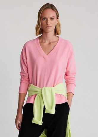 Pulovere de damă roz Ralph Lauren din jerseu cu decolteu în V