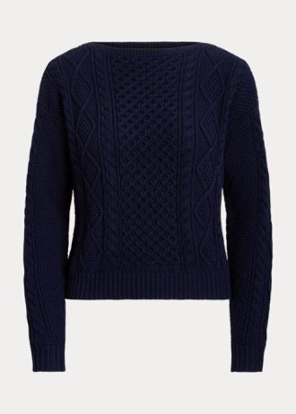 Pulovere din bumbac cu gât barca Ralph Lauren Aran-tricot pentru femei bleumarin Pulovere din bumbac cu gât barca Ralph Lauren Aran-tricot pentru femei bleumarin
