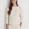 Pulovere din bumbac cu gât barca Ralph Lauren Aran-tricot pentru femei crem Pulovere din bumbac cu gât barca Ralph Lauren Aran-tricot pentru femei crem