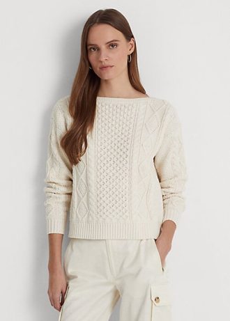 Pulovere din bumbac cu gât barca Ralph Lauren Aran-tricot pentru femei crem Pulovere din bumbac cu gât barca Ralph Lauren Aran-tricot pentru femei crem