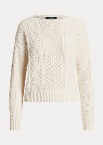 Pulovere din bumbac cu gât barca Ralph Lauren Aran-tricot pentru femei crem Pulovere din bumbac cu gât barca Ralph Lauren Aran-tricot pentru femei crem