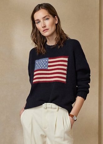 Pulovere din cașmir cu gât roșu Ralph Lauren Flag pentru femei bleumarin Pulovere din cașmir cu gât roșu Ralph Lauren Flag pentru femei bleumarin