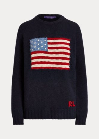 Pulovere din cașmir cu gât roșu Ralph Lauren Flag pentru femei bleumarin Pulovere din cașmir cu gât roșu Ralph Lauren Flag pentru femei bleumarin