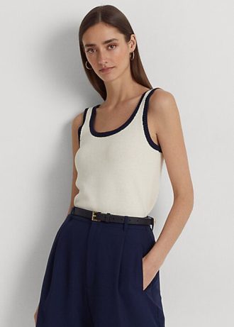 Pulovere fără mâneci pentru femei Ralph Lauren, în două tonuri, din amestec de bumbac, crem/marin Pulovere fără mâneci pentru femei Ralph Lauren, în două tonuri, din amestec de bumbac, crem/marin