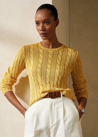 Pulovere galbene din mătase Ralph Lauren cu tricot cu cablu pentru damă Pulovere galbene din mătase Ralph Lauren cu tricot cu cablu pentru damă