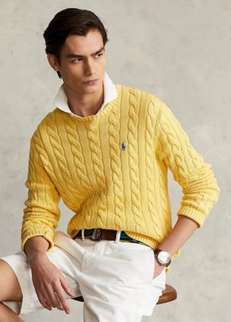 Pulovere galbene pentru bărbați, din bumbac, din tricot cu cablu Ralph Lauren