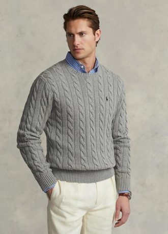Pulovere gri pentru bărbați, din bumbac, din tricot cu cablu Ralph Lauren